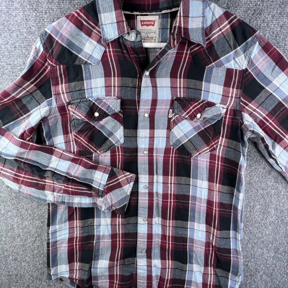 Levi’s Pearl Snap Shirt Lightweight Flannel Plaid Red Blue Small Modern Fit - Picture 1 of 11